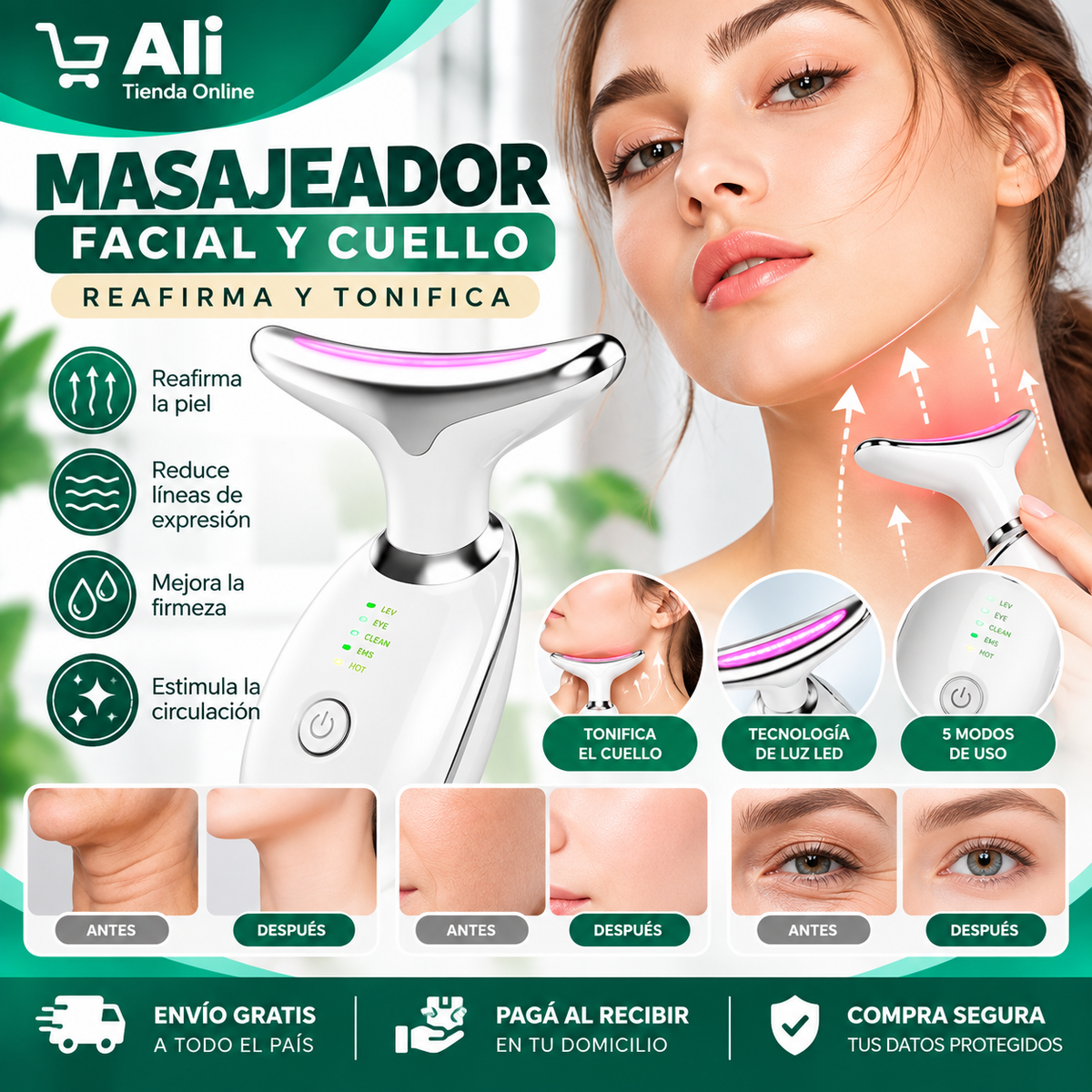Masajeador Facial LED con Vibración - Rejuvenated Skin®