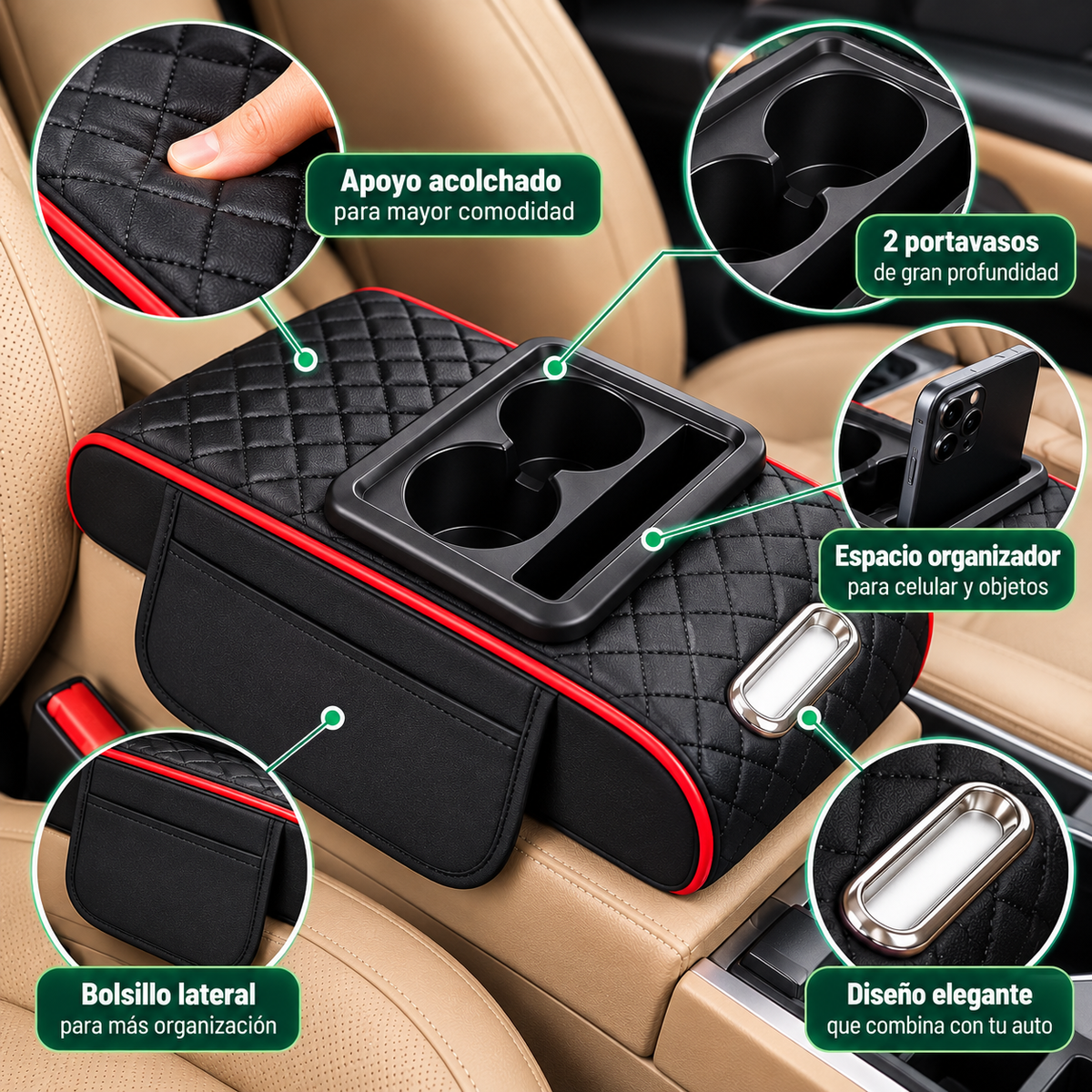 Beneficios del reposabrazos organizador para auto con apoyo acolchado y portavasos