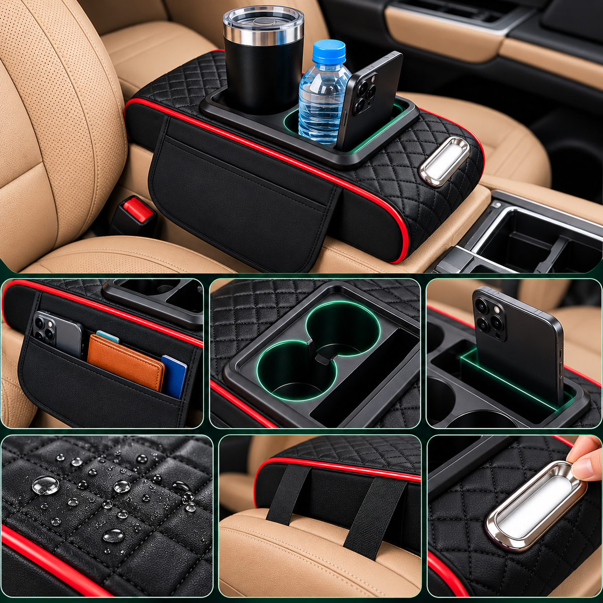Detalles del reposabrazos organizador para auto con portavasos y bolsillos