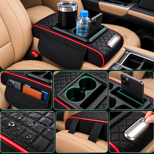 Detalles del reposabrazos organizador para auto con portavasos y bolsillos